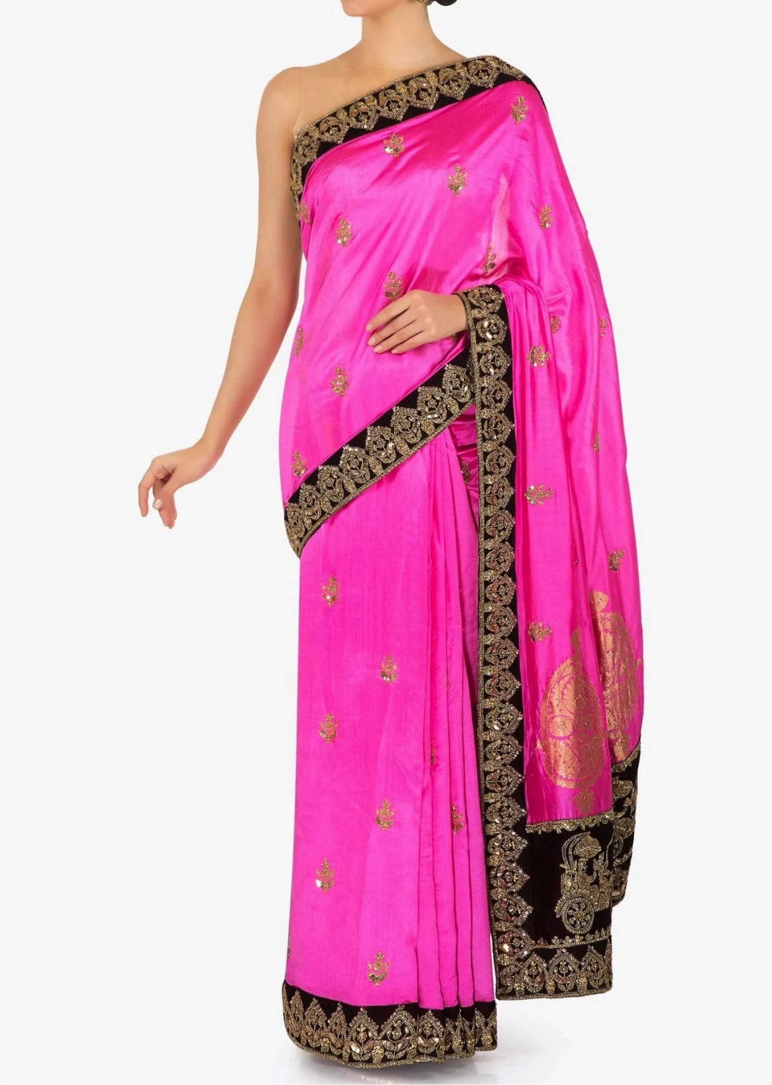 Fuchsia pink saree in silk with chariot motif embroidered border