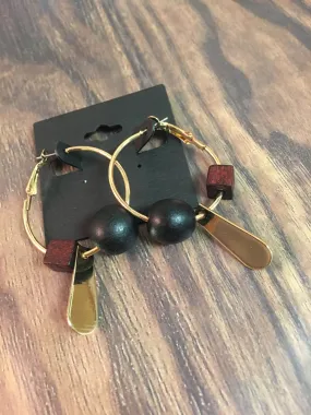 Gold Hoop Earrings with Black and Brown Beads