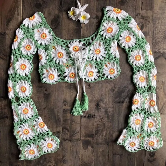 Handmade Crochet Daisy Top Midrift Long Bell Sleeves Lace Up Front Beach Crop Sweater Bikini Cover Up Festival Outfit White Green Or Black With Daisies One Size