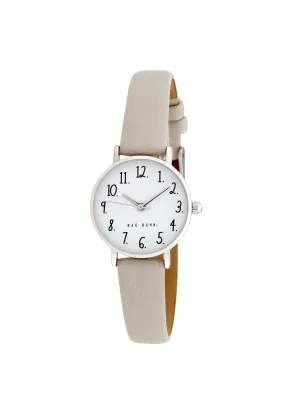 MEGAN Round Face Vegan Leather Strap Watch in Taupe with Silver, 26mm