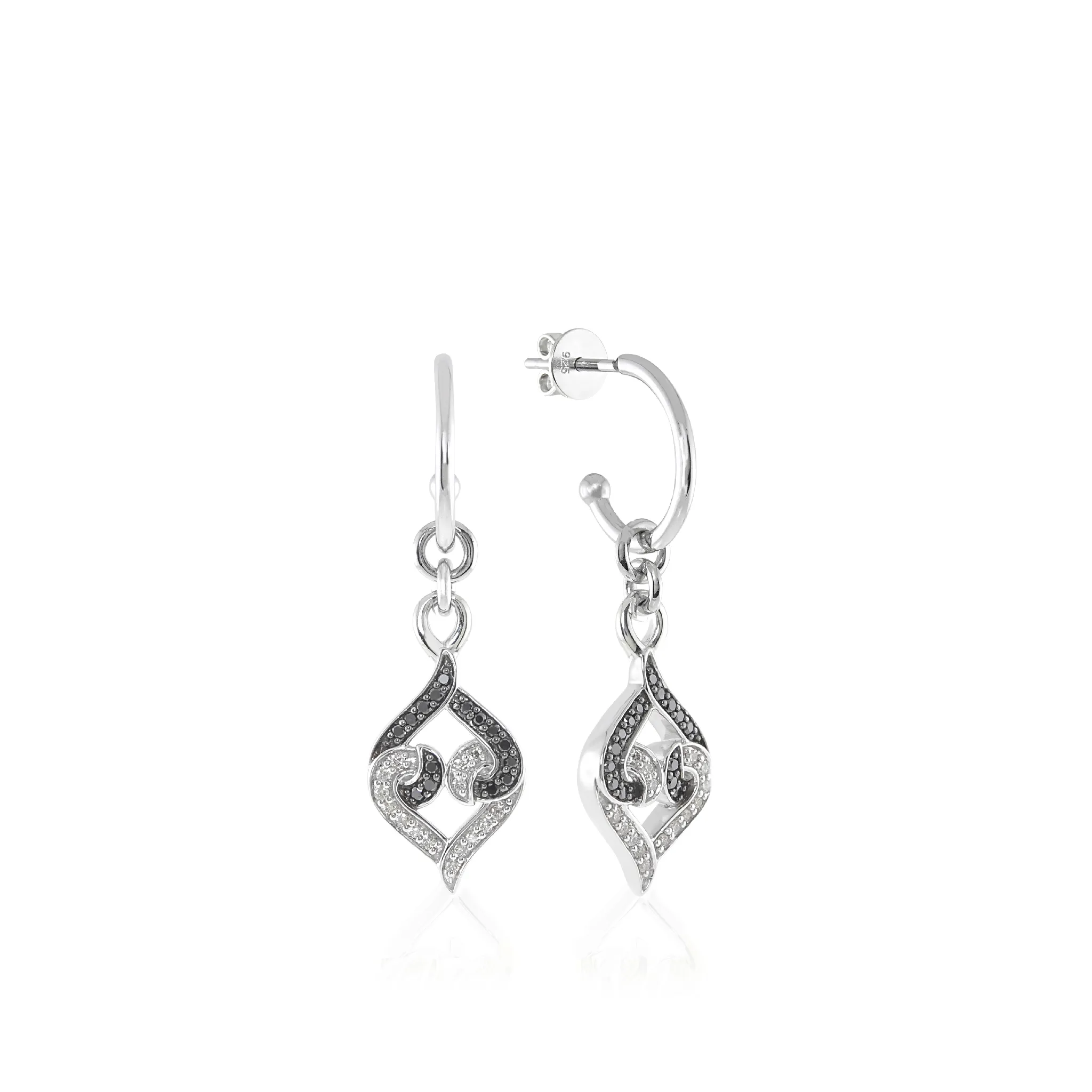 Sterling Silver White & Black Sapphire Hoop Dangle Earrings